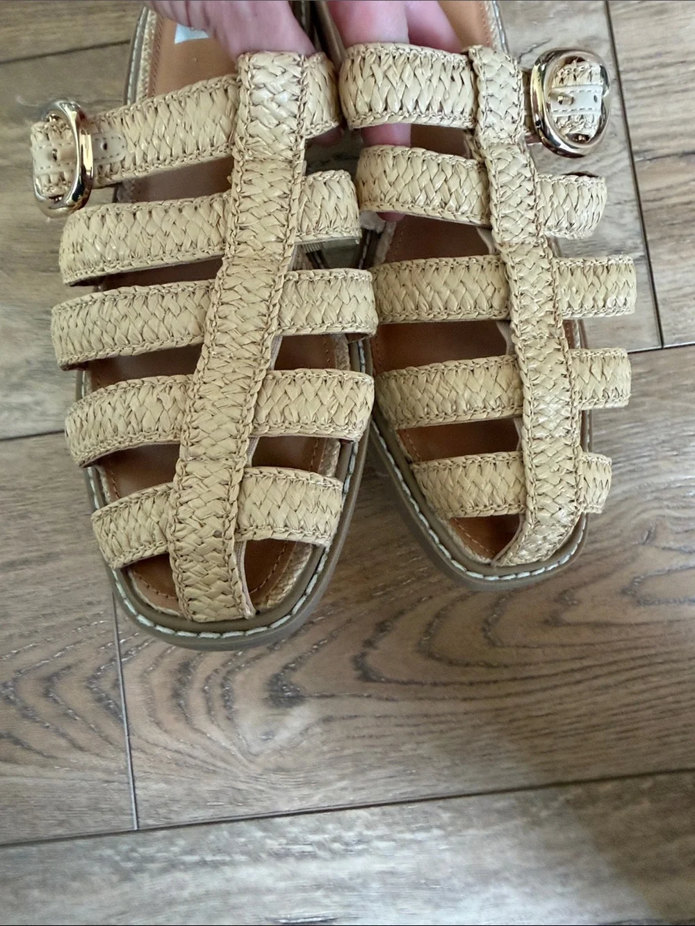 DV by Dolce Vita Tan Rattan Fisherman Slide. Gold buckle.